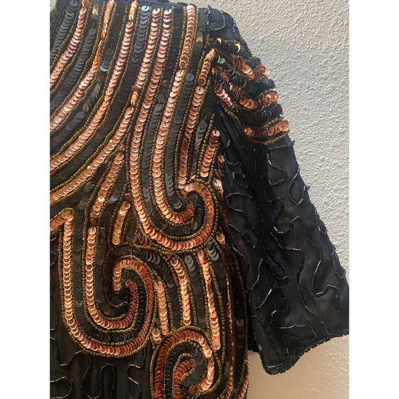 Laurence Kazar Vintage Beaded Silk Blouse Black Copper Sequin Swirl Top Small - Picture 6 of 15
